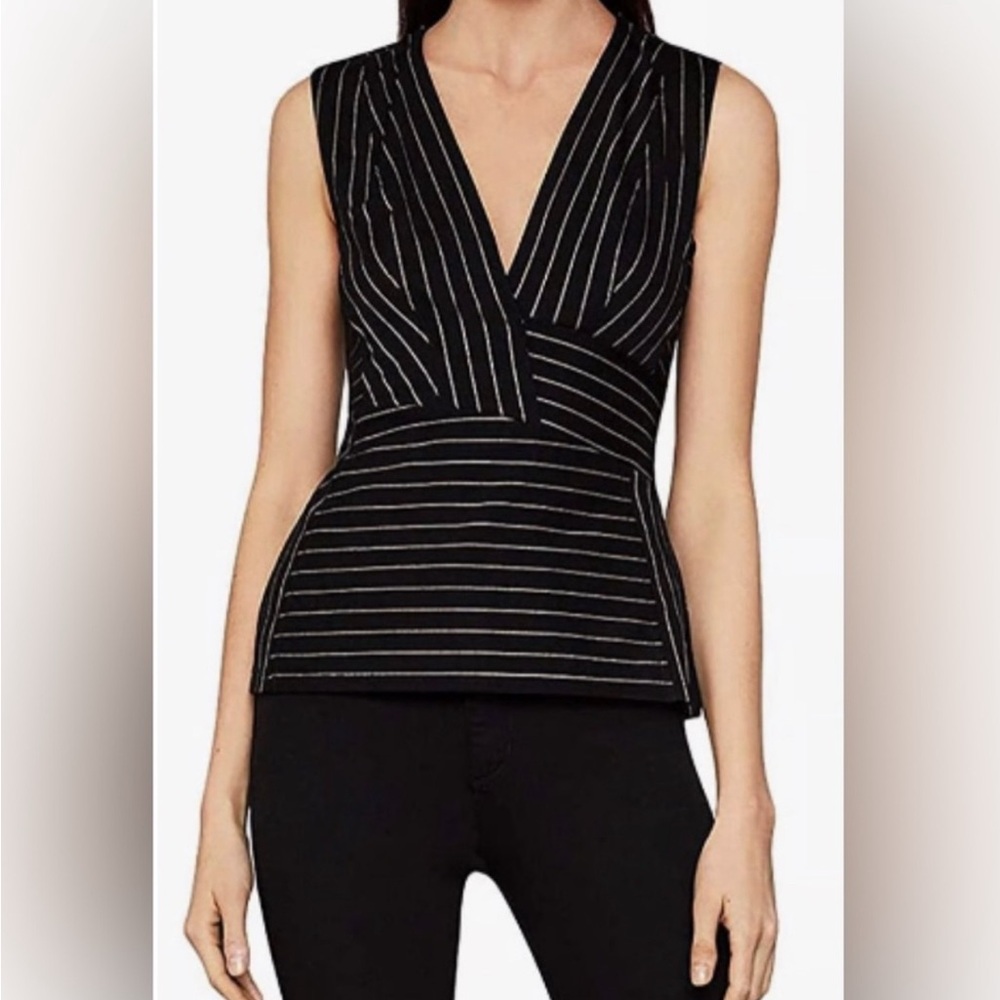 BCBGMaxAzria Black and White Striped V-Neck Blouse
